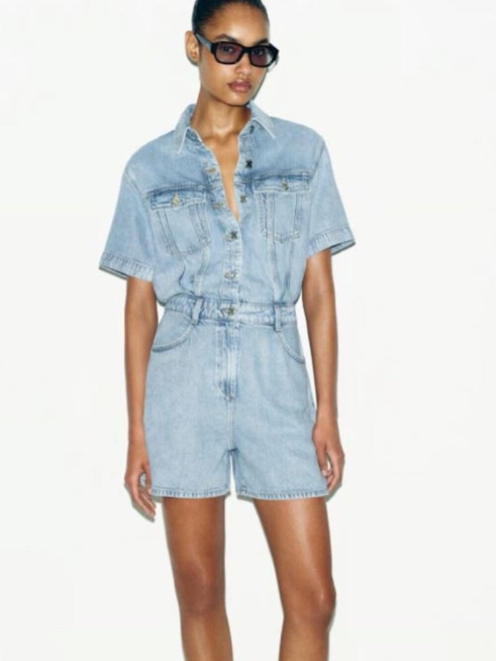 Zara Light Wash Button Front Romper